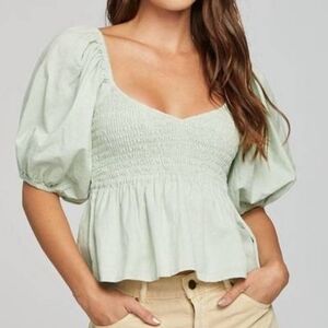 Cropped Babydoll Green Smocked Women's Top Size S Boho Beachy Feminine Festival